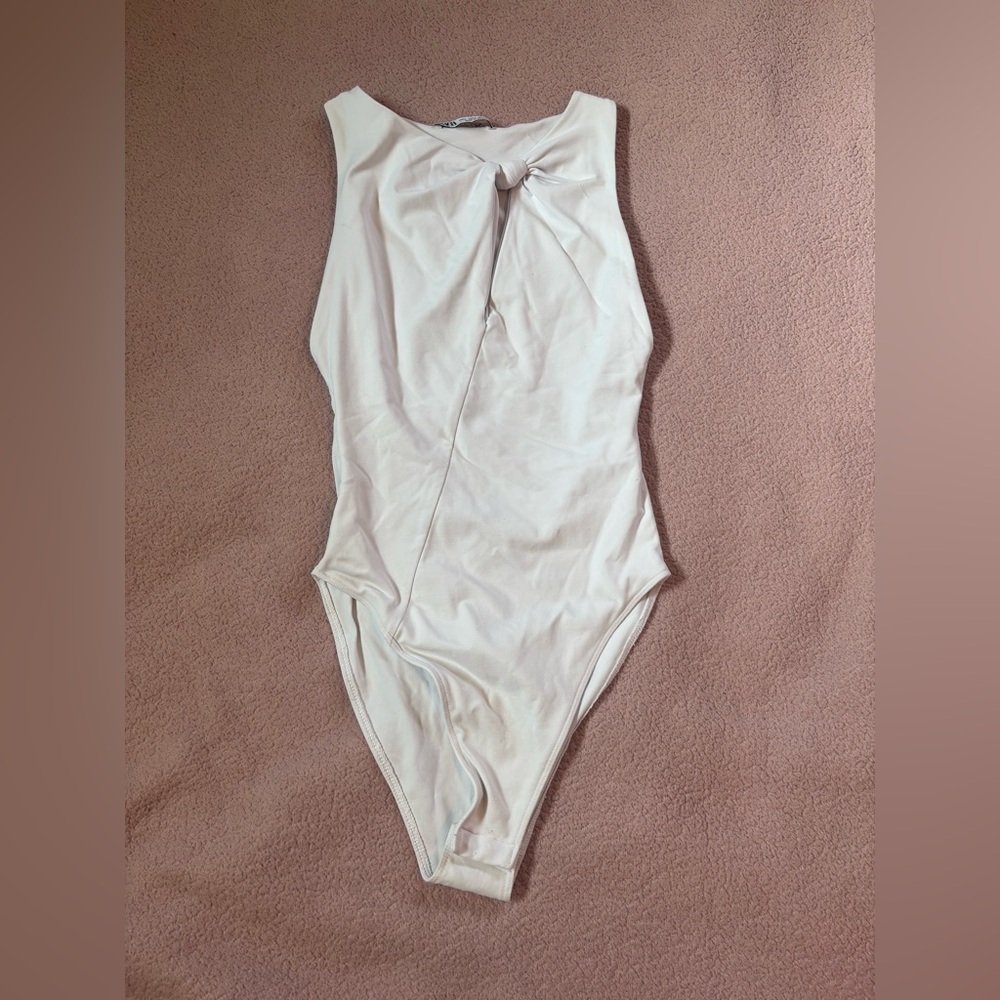Zara White Slinky Bodysuit With Cut Out Knot Detail